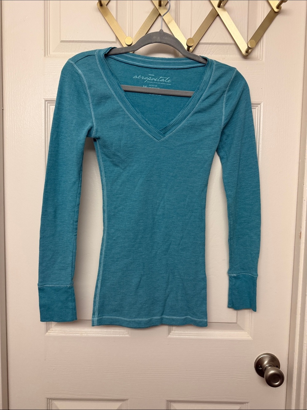 Y2k Aeropostale Teal ribbed Long-Sleeve V-Neck Shirt